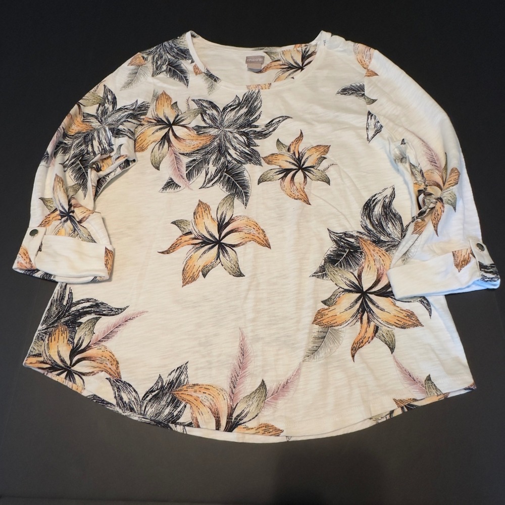 Chico's Floral Knit Top White Orange Tropical Lily 3/4 Sleeve Size 1 M Coastal